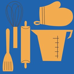 Set of kitchen utensils tools vector illustration yellow blue cartoon drawing baking cooking symbols icon collection 
