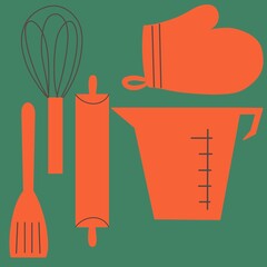 Set of kitchen utensils tools vector illustration red green cartoon drawing baking cooking symbols icon collection 