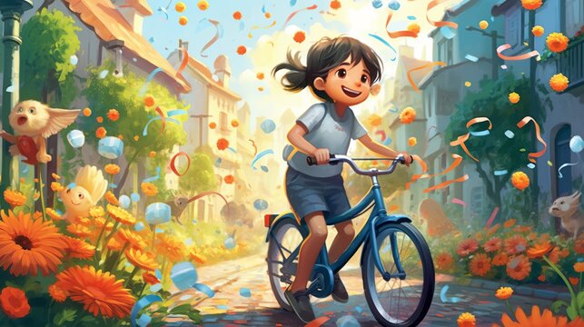 Children's illustrations, flowers, bicycles, kites, ducks, cats, cartoon style, thick lines, low detail, bright colors