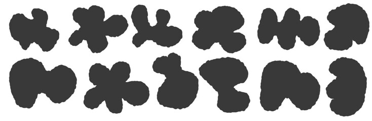 Organic amoeba drops form abstract colorful vector illustration. A set of irregularly shaped graphic elements with jagged edges. Collection of doodle drops.