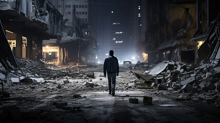 Fototapeta premium Rising Above Ruins: A Survivor's Urban Odyssey, Generative AI