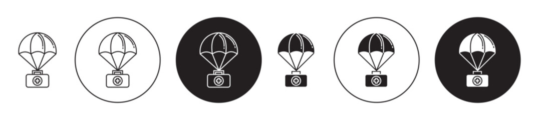 Parachute with first aid kit icon set. disaster emergency relief goods vector symbol in black filled and outlined style. - obrazy, fototapety, plakaty