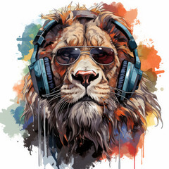 watercolor Dj Lion With Headphones And Sunglasses clipart, Generative Ai