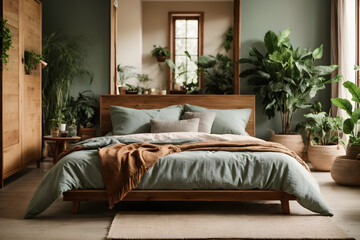 A cozy sustainable bedroom, surrounded by natural cotton textile indoor plants