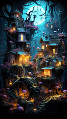 Halloween theme: mystical dark forest with fairy house illuminated by lanterns