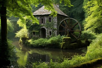 Scenic house by waterwheel in nature's beauty. Generative AI - obrazy, fototapety, plakaty