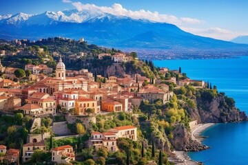 Fototapeta na wymiar Aerial view of Taormina, Sicily with Mount Etna in the background. Beautiful spring scenery of the Mediterranean Sea. Generative AI