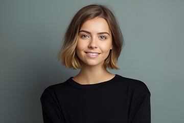 Portrait of a confident fictional model smiling. Isolated on a colored background. Generative AI Illustration.