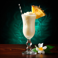 Pina Colada with pineapple, coconut and creamy white top on flat wooden floor with dark background and tropical flowers - obrazy, fototapety, plakaty
