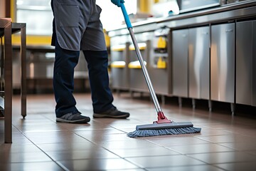 Man cleaning mopping a commercial restaurant kitchen floor. generative AI - obrazy, fototapety, plakaty