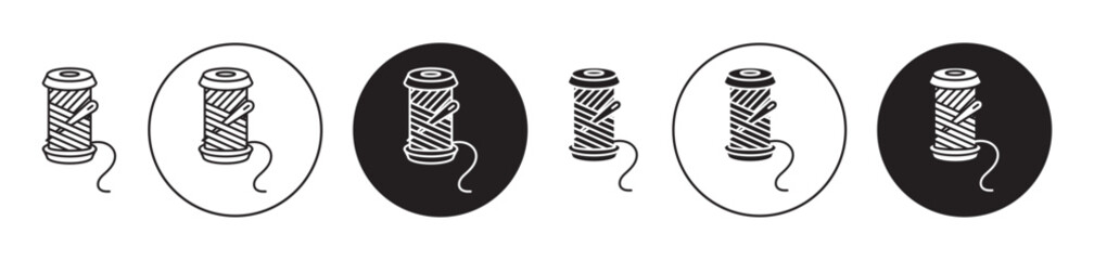 Spool of thread icon set. tailor cotton sewing cone and needle vector symbol. nylon wire yarn reel sign in black filled and outlined - obrazy, fototapety, plakaty