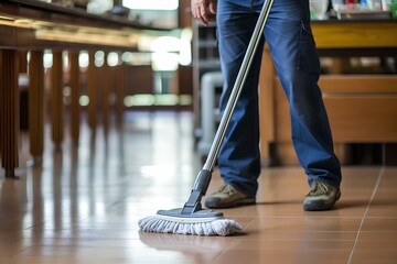 Man cleaning mopping a commercial restaurant kitchen floor. generative AI
