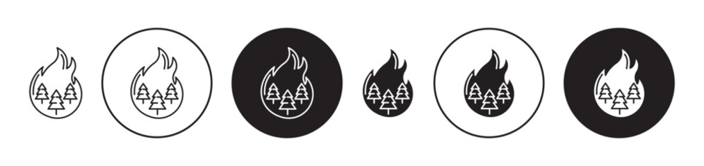 Wildfire disaster icon set. forest tree bushfire vector symbol in black filled and outlined - obrazy, fototapety, plakaty