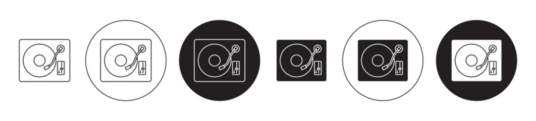 Vinyl player icon set. dj record turntable vector symbol in black filled and outlined - obrazy, fototapety, plakaty