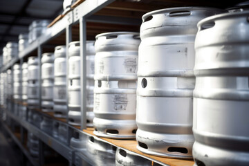 aluminum beer kegs, finished goods warehouse of the brewery