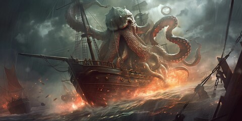 Giant Kraken Octopus Attack Pirate Ship with Thunderstorm Background. Cthulhu Illustration