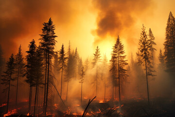 very powerful forest fire, fire and smoke cover the sky, view fr