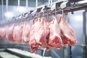 processing of chicken meat pieces of meat hang on the conveyor