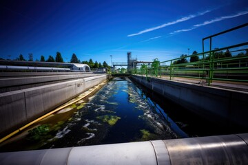 A waterway with flowing water in a wastewater treatment plant