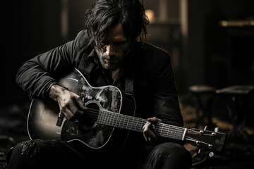 Obraz premium A black and white portrait of a musician lost in the emotion of playing their instrument. Generative Ai.