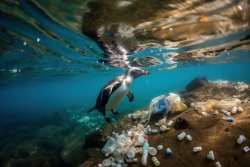The penguin swims among the garbage floating in the water, plastic bags, cans, plastic bottles lie on the seabed