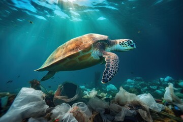 Obraz premium pollution of the world ocean, sea turtle swimming in dirty water, water contaminated with household garbage, plastic bags and bottles, environmental disaster