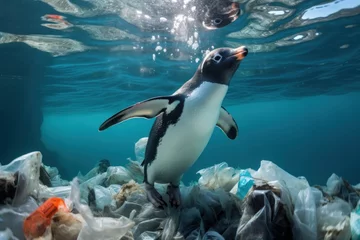 Fotobehang The penguin swims among the garbage floating in the water, plastic bags, cans, plastic bottles lie on the seabed © nordroden