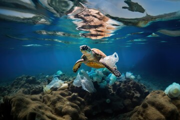 Fototapeta premium sea turtle swims dirty water, ocean polluted with household garbage, plastic bags and bottles, environmental disaster