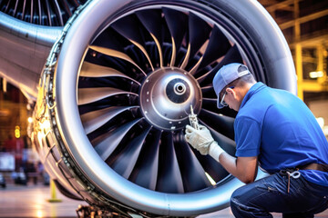 aircraft technician is repairing a turbine