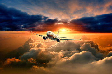 Landscape with aircraft is flying above clouds in orange sky. Travel background with passenger plane.