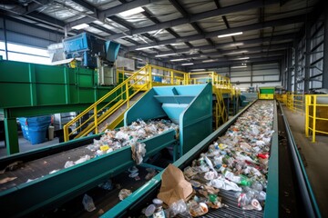 A conveyor belt filled with various types of trash in a waste recycling factory