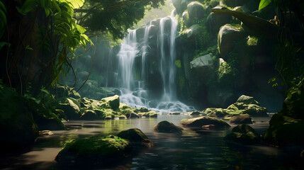 Serene cascading waterfall hidden amidst a lush, emerald forest. Generative Ai.NO.02