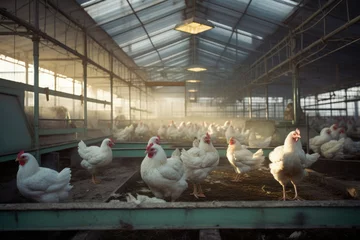 Fotobehang a large poultry farm, a lot of chickens walking around the poultry house © nordroden