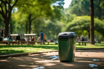 A trash can in a park, surrounded by nature