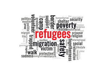 Illustration in the form of a cloud of words related to Refugees