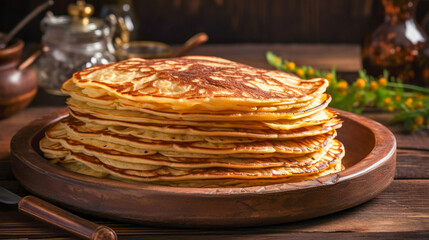 Stack of pancakes with honey on a wooden background.