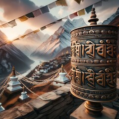 Sundown over a tranquil Himalayan vista with a Tibetan prayer wheel in the foreground and prayer flags adorning snowy peaks and stupas in the backdrop.