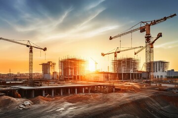 A massive building site with numerous cranes, bathed in brilliant sunlight. Generative AI