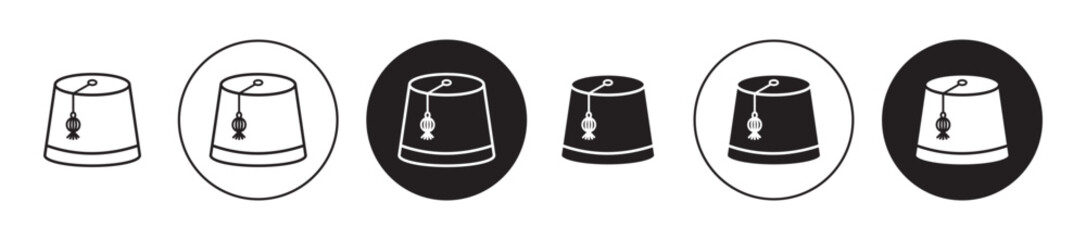 Fez hat icon set. morocco tarboosh turkish cap vector symbol. lebanon lebanese hat sign in black filled and outlined style. - obrazy, fototapety, plakaty