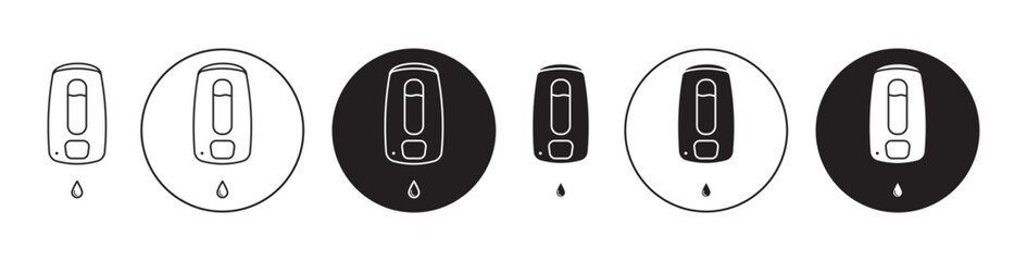 soap dispenser icon set. liquid hand wash gel dispenser vector symbol in black filled and outlined style. - obrazy, fototapety, plakaty