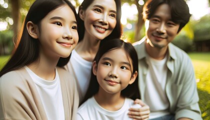 Obraz premium Asian family standing on grass in a park.