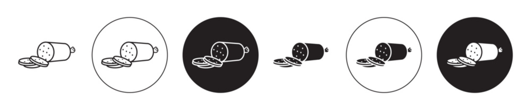 Sausage salami icon set. pepperoni meat slice vector symbol in black filled and outlined style.