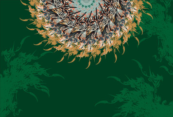 Abstract motif with floral elements on a dark green backdrop for interiors or fabrics. A bright decorative semicircle as a flowering cactus for business concepts, prints and posters, textiles, etc.