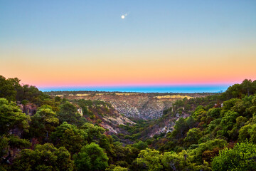 valley at sunset with beautiful colors in the sky, deciduos low forest in monte escobedo zacatecas  - obrazy, fototapety, plakaty