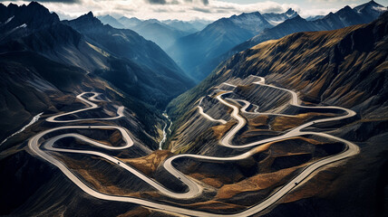 aerial drone view of highway road in switzerland - obrazy, fototapety, plakaty
