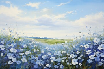 A meadow filled with beautiful blue flowers under a blue sky, captured in an oil painting. Generative AI