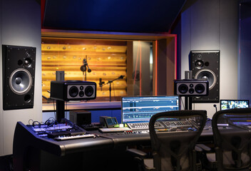 Modern mixer table in recording studio interior - obrazy, fototapety, plakaty