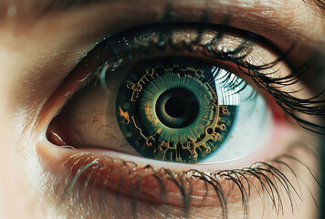primer plano de ojo verde conteniendo en su interior un chip. Concepto de inteligencia artificial - obrazy, fototapety, plakaty