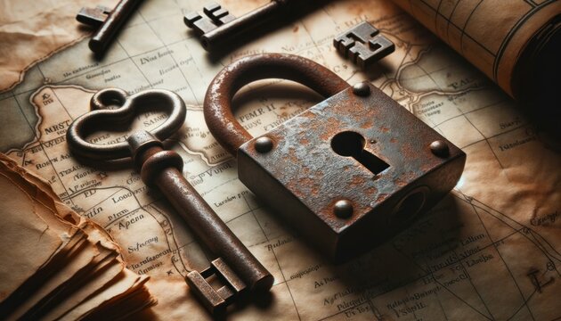 An old rusted lock and a key on a vintage map, symbolizing the key to one heart.