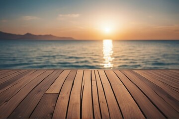 Empty wooden terrace floor with sea and sunset background. Perspective view. High quality photo